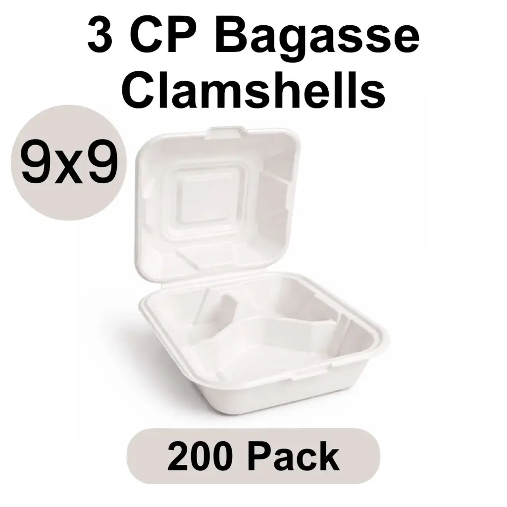 9"x9" Clamshell White 3-Compartment [200 pack] Bagasse