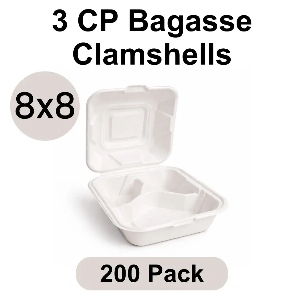 [CS-08-3C] 8"x8" Clamshell White 3-Compartment [200 pack] Bagasse