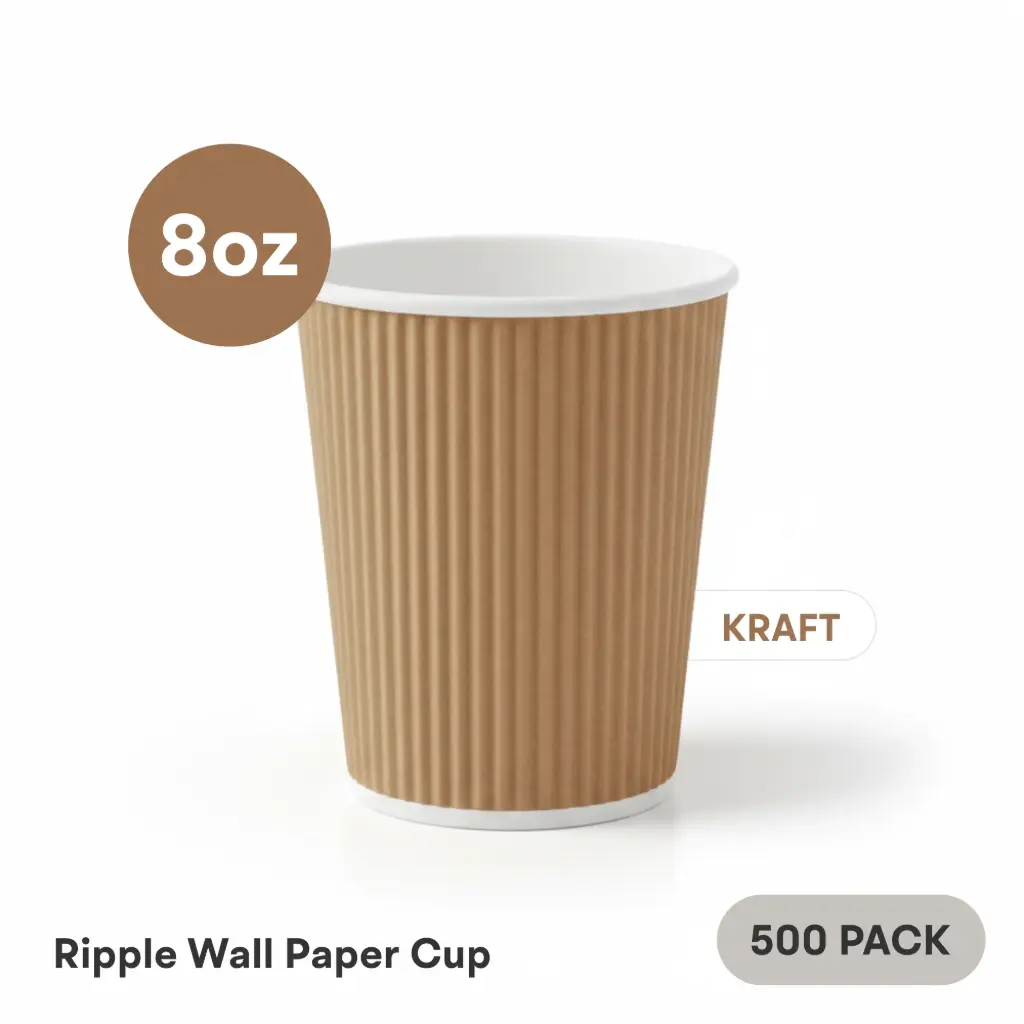 [RW-08-KR] 8 OZ Paper Cup Ripple Wall (240 ML) (Kraft) [500 per case] Plain Disposable 