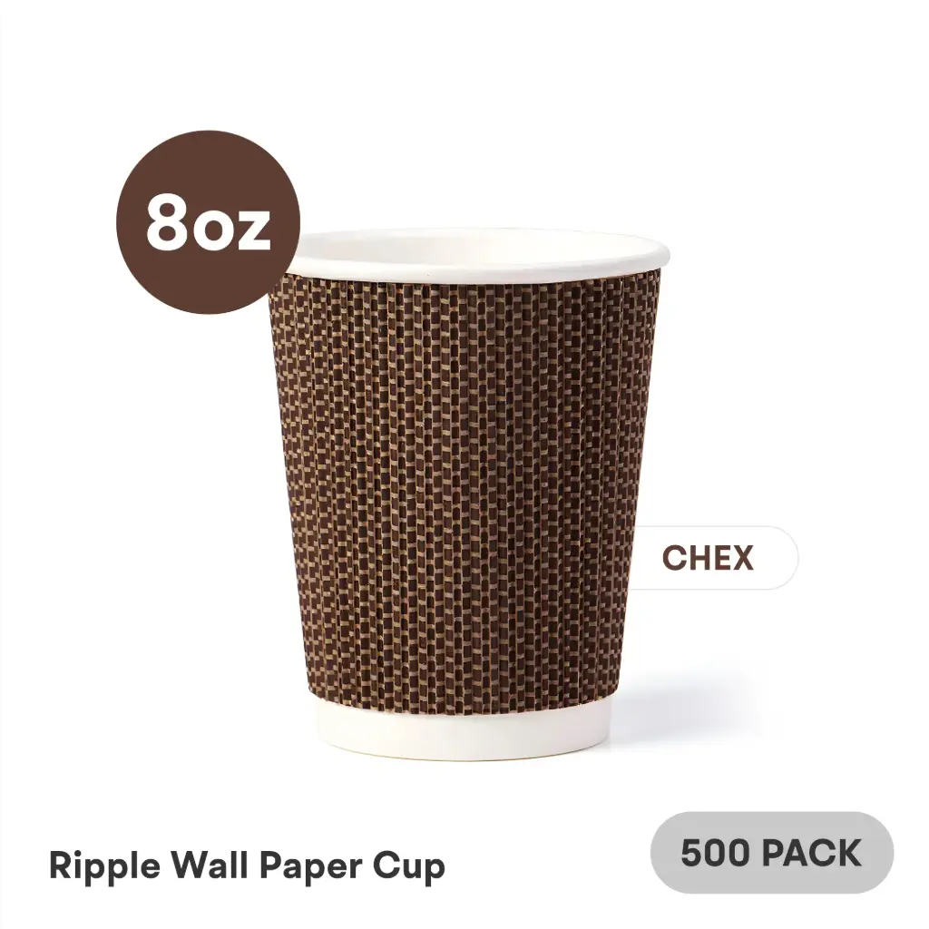 [RW-08-BK-1] 8 OZ Paper Cup Ripple Wall (240 ML) (Brown Chex Black Dots) [500 per case] Plain Disposable  
