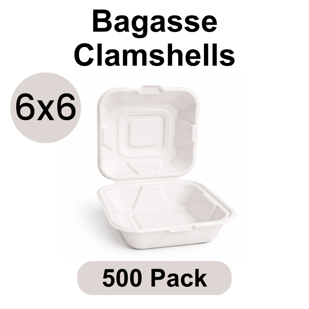6"x6" Clamshell White [500 pack] Bagasse