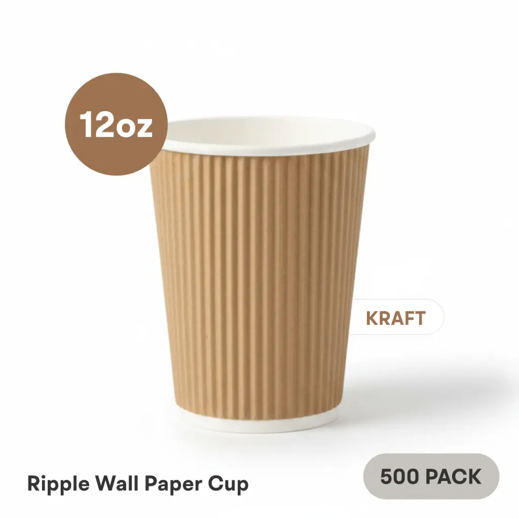 [RW-12-KR] 12 OZ Paper Cup Ripple Wall (360 ML) (Kraft) [500 per case] Plain Disposable  