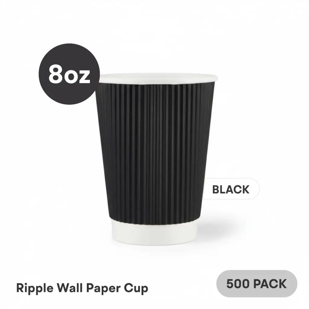 [RW-08-BK] 8 OZ Paper Cup Ripple Wall (240 ML) (Black) [500 per case] Plain Disposable 