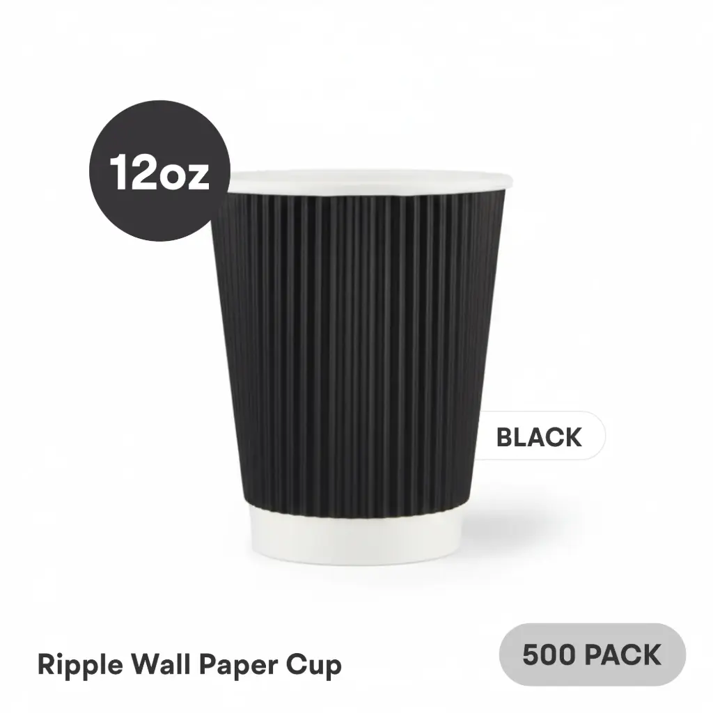 [RW-12-BK] 12 OZ Paper Cup Ripple Wall (360 ML) (Black) [500 per case] Plain Disposable
