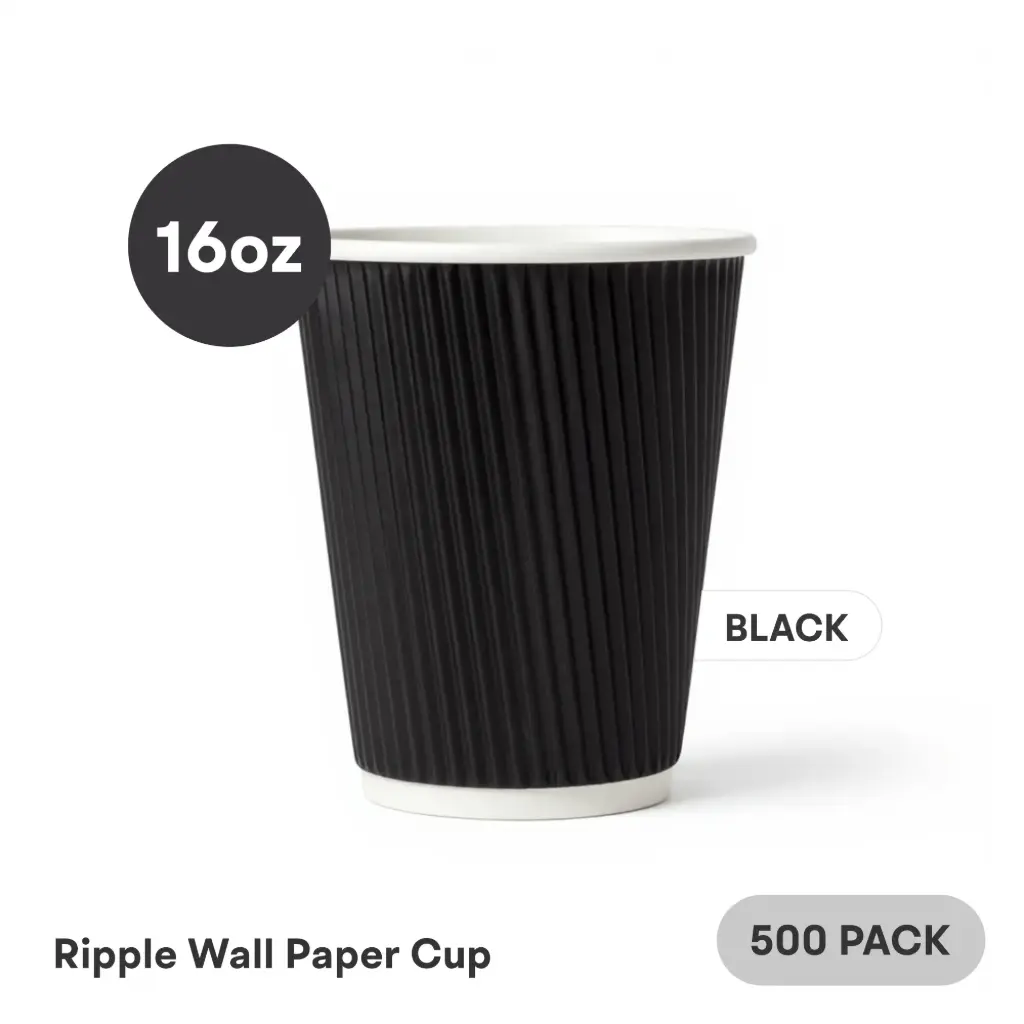 [RW-16-BK] 16 OZ Paper Cup Ripple Wall (480 ML) (Black) [500 per case] Plain Disposable 