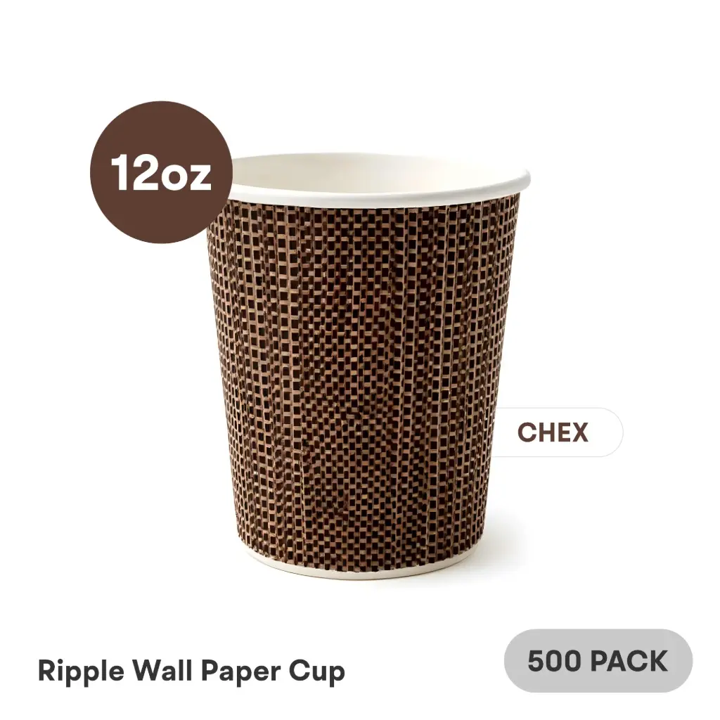 [RW-12-BK-1] 12 OZ Paper Cup Ripple Wall (360 ML) (Brown Chex Black Dots) [500 per case] Plain Disposable