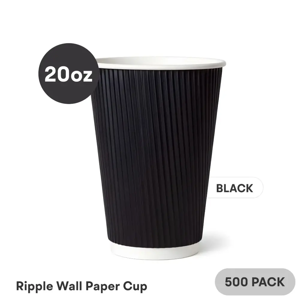 [RW-20-BK] 20 OZ Paper Cup Ripple Wall (600 ML) (Black) [500 per case] Plain Disposable  