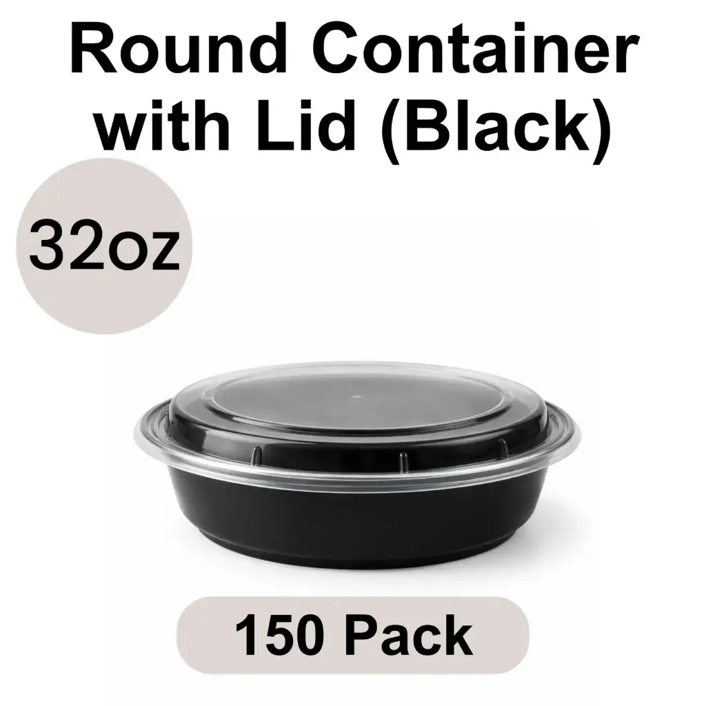 [PP-RO-32] 32oz Round Black PP Takeout Container with Lid 150pk [RO-32]