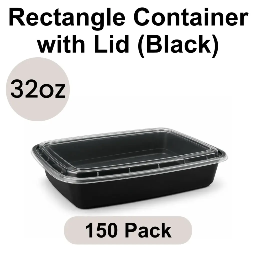 32oz Rectangular Black PP Takeout Container with Lid 150pk [RE-32]