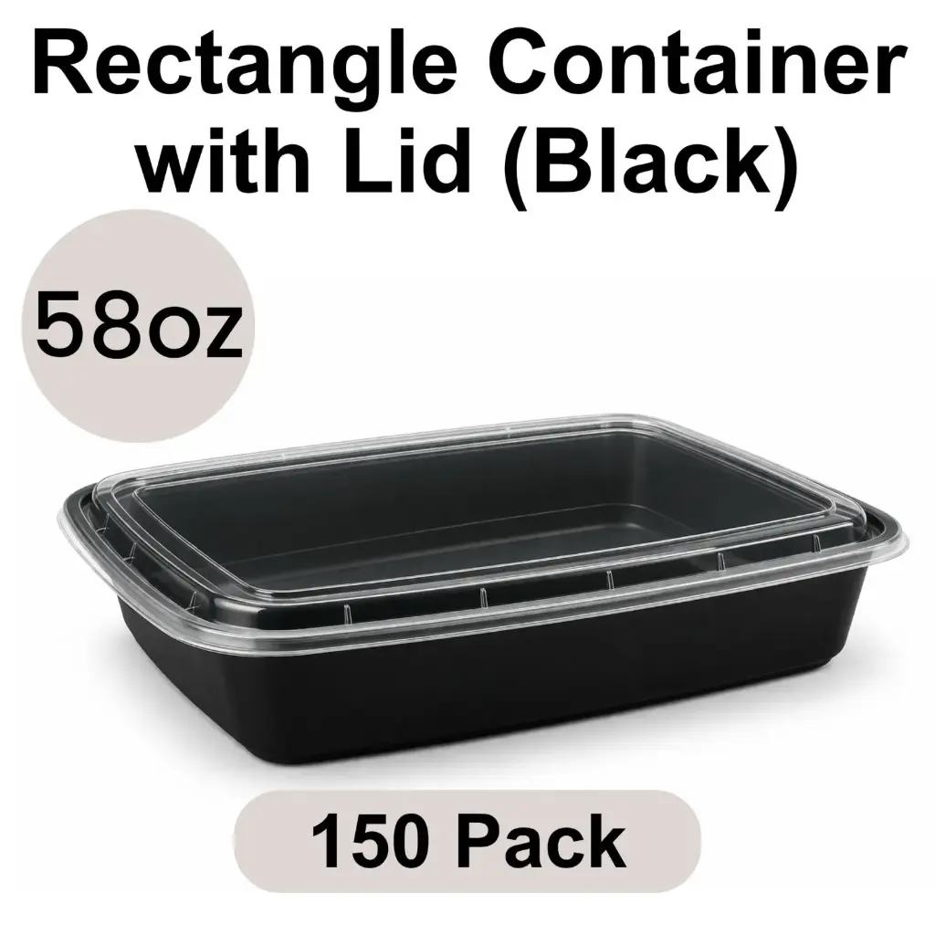 58oz Rectangular Black PP Takeout Container with Lid 150pk [RE-58]