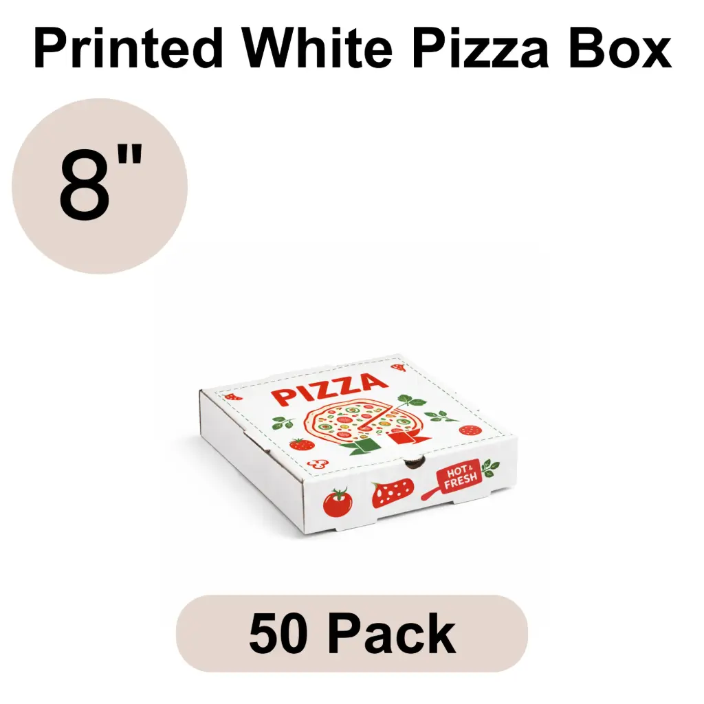 8" Printed White Pizza Box 3-ply B-Flute 50pk
