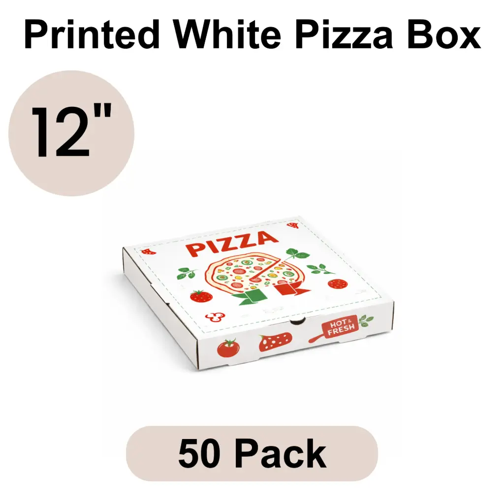 12" Printed White Pizza Box 3-ply B-Flute 50pk