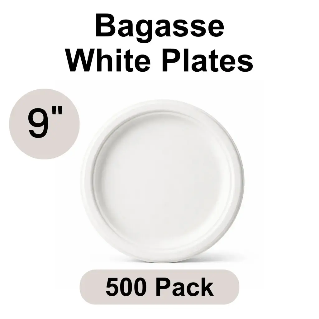 [BP-09-WH] 9" Plates White [500 pack] Bagasse