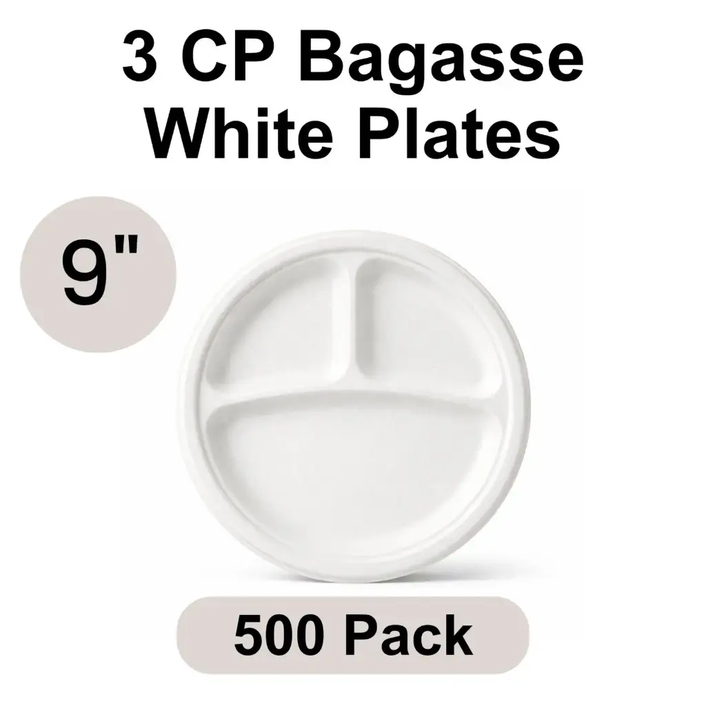 [BP-09-3C] 9" Plates White 3-Compartment [500 pack] Bagasse