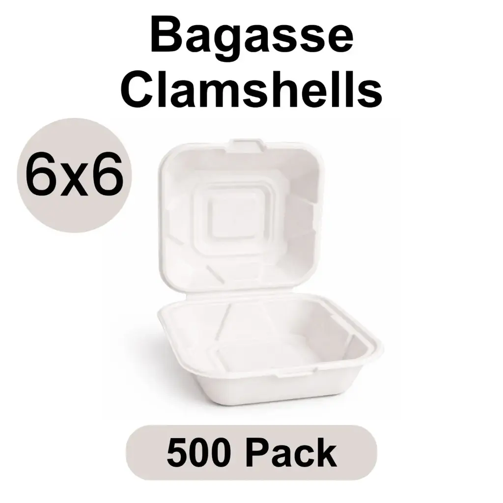6"x6" Clamshell White [200 pack] Bagasse
