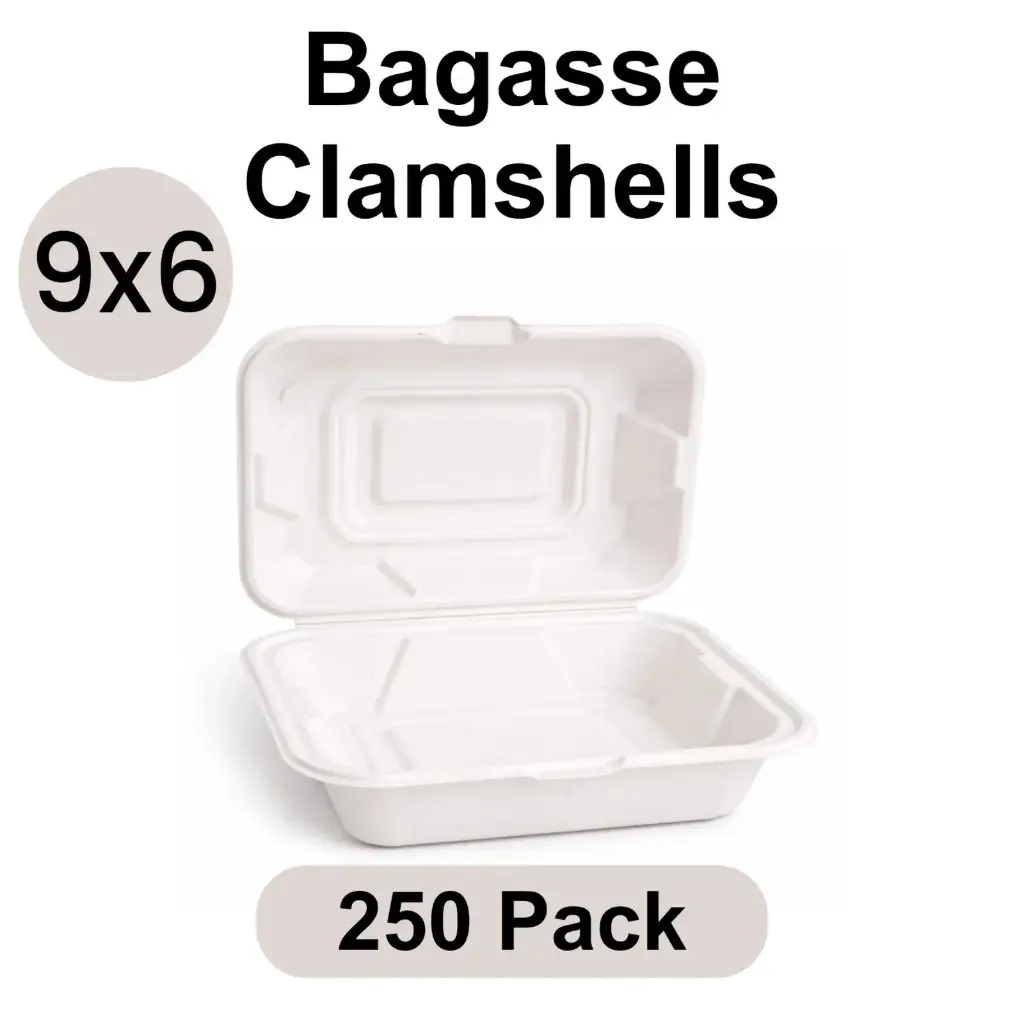 [CS-09-WH] 9"x6" Clamshell White [250 pack] Bagasse